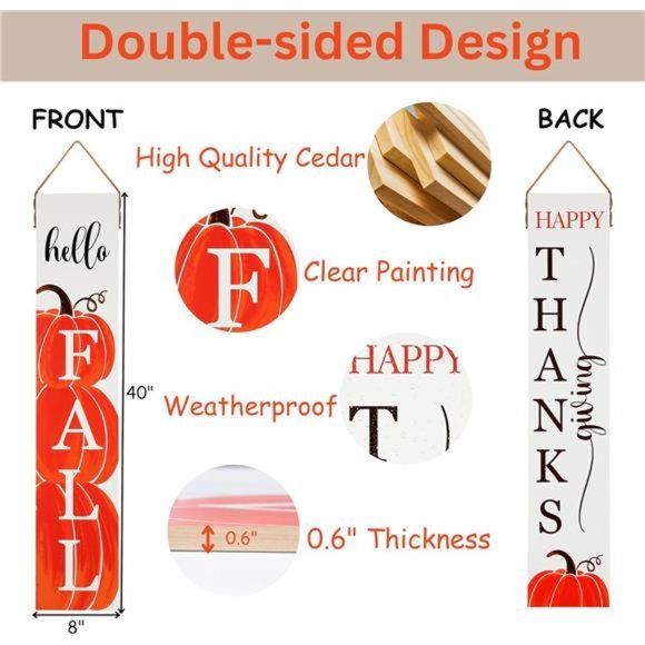 Hello Fall Sign, Double-Sided Thanksgiving Fall Sign 40" Wooden Welcome Sign - Picture 2 of 6